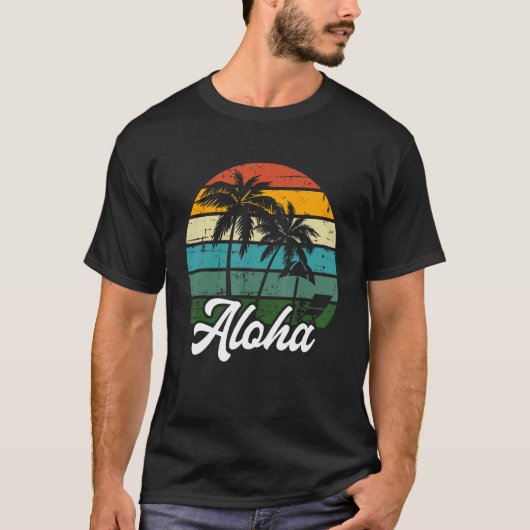 T-shirt Palm Tree d'été Coucher de soleil rétro Aloha Hawa (Devant)