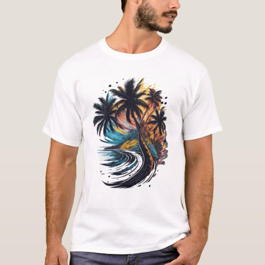 T-shirt Palmier en style peinture avec vague (Devant)