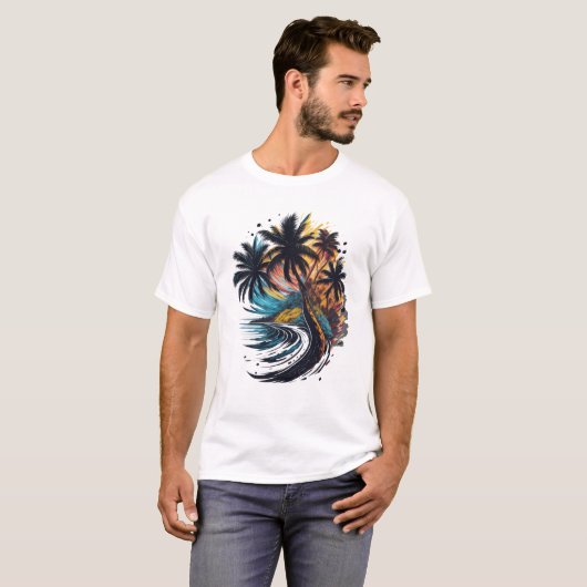 T-shirt Palmier en style peinture avec vague (Devant entier)