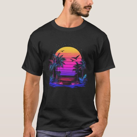 T-shirt Palmiers Sunset Retro 80s Esthétique 90s Art Vapo (Devant)