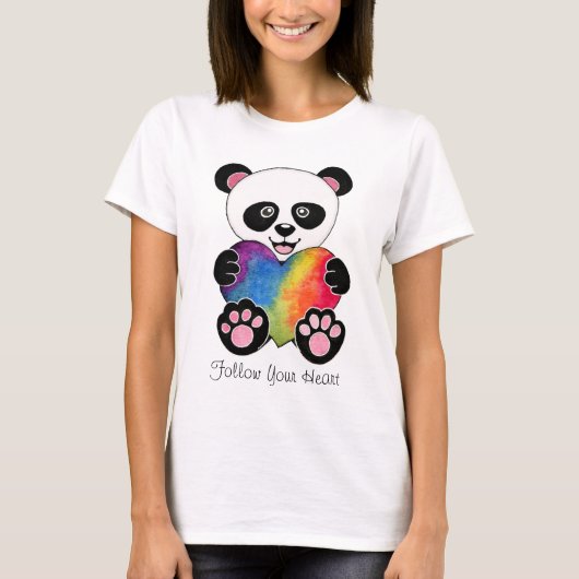 T-shirt Panda Aquarelle Cute Avec Coeur Arc En Ciel (Devant)