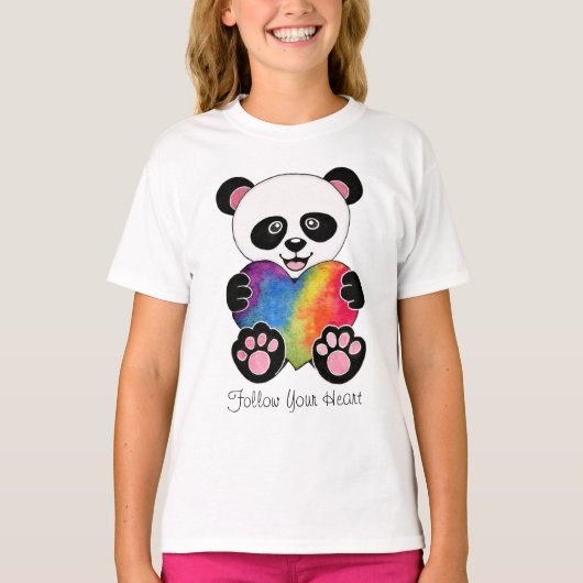T-shirt Panda Aquarelle Cute Avec Coeur Arc En Ciel (Devant)