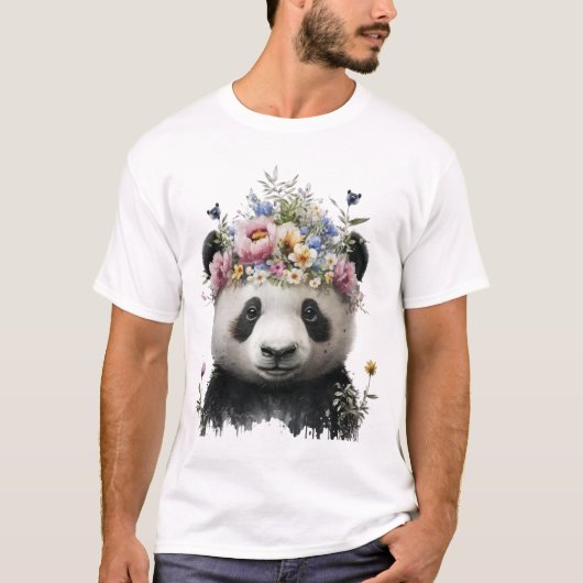 T-shirt Panda Floral Aquarelle Cute (Devant)
