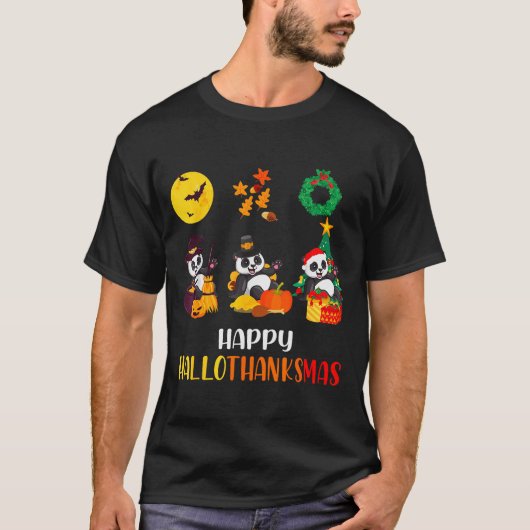 T-shirt Panda Halloween Christmas Happy Hallothanksmas Pan (Devant)