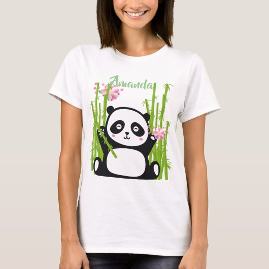 T-shirt Panda heureux avec bambou et fleurs de cerisiers  (Devant)