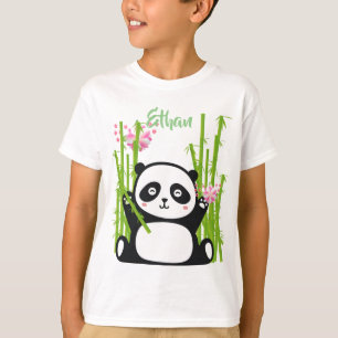 T-shirt Panda heureux avec bambou et fleurs de cerisiers