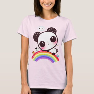 T-shirt Panda mignon avec cuisine kawaii sur arc-en-ciel