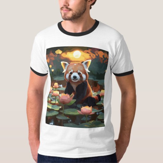 T-shirt Panda rouge dans l'étang du lotus (Devant)