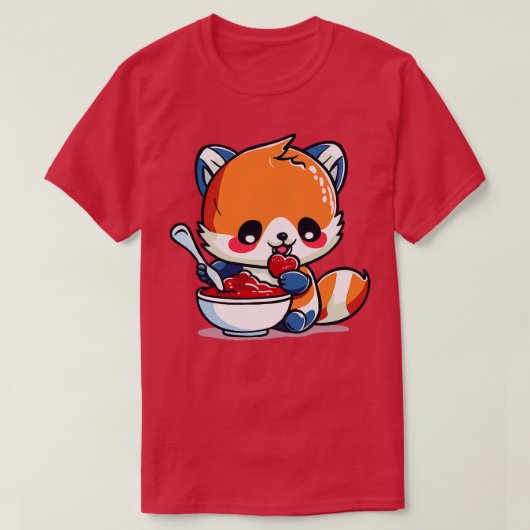 T-shirt Panda rouge mangeant un bol de Pudding aux fraises (Design devant)