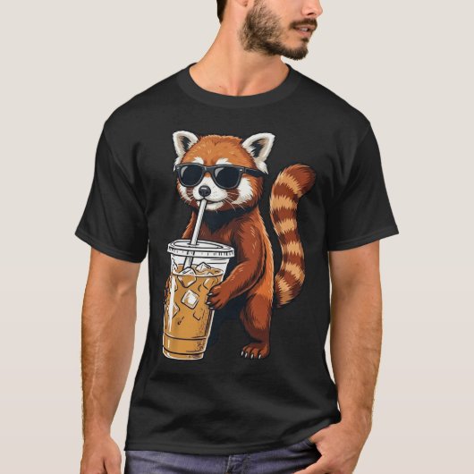T-shirt Panda roux drôle buvant un café glacé (Devant)