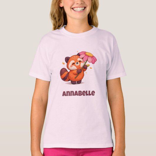 T-shirt Panda roux mignon avec fleur (Devant)