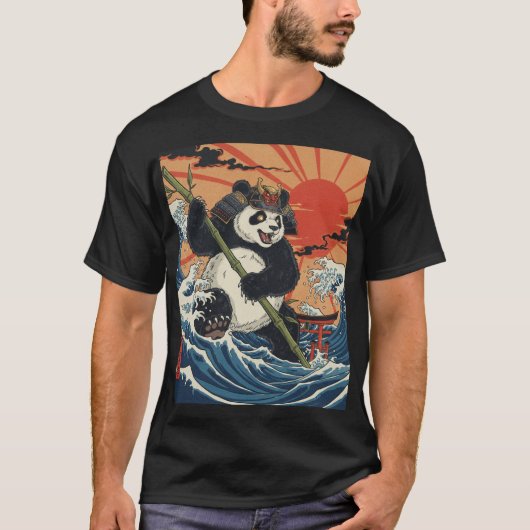 T-shirt Panda Samurai Rising Amid Ukiyo Waves (Devant)