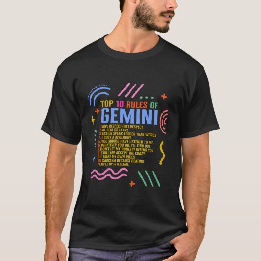 T-shirt Panneau Zodiac Top 10 Règles D'Astrologie Gemini (Devant)