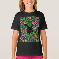 Panthère noire Fleurs de jungle et feuillage tropi