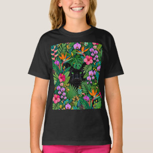 T-shirt Panthère noire Fleurs de jungle et feuillage tropi