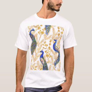 T-shirt paons chinois, sakura doré, aquarelle.