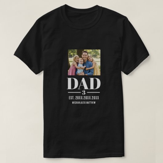 T-shirt Papa Année d'Est. Noms Nombre Photo Script Sombre (Design devant)