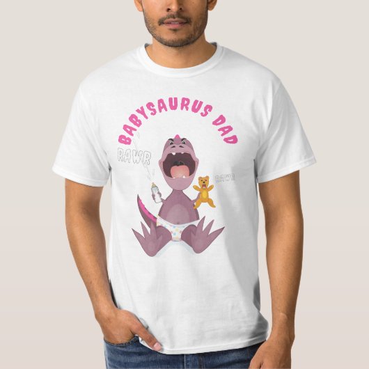 T-shirt Papa Babysaurus T-Rex rose  (Devant)