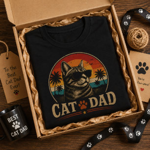 T-shirt Papa Chat Vintage Rétro Coucher de Soleil Plage Tr