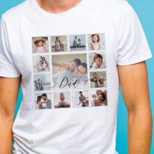 T-shirt Papa Script Famille Mémoire Photo Grille Carré Col