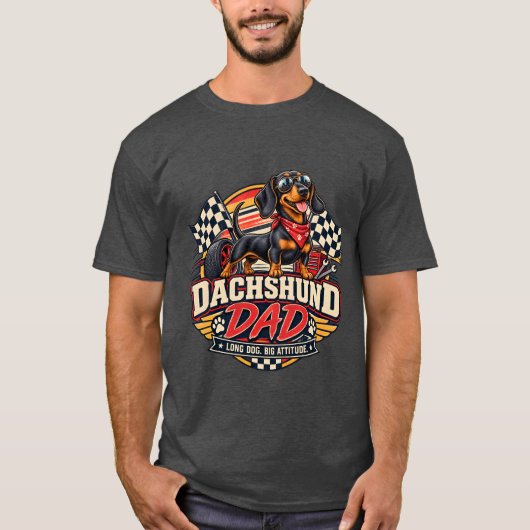 T-shirt Papa Teckel Course Drapeau à Damier Chien Long (Devant)