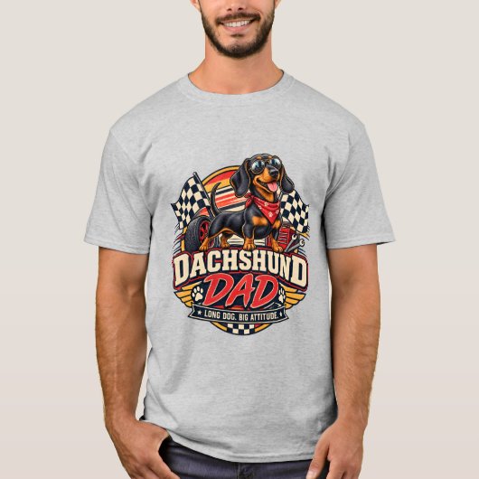 T-shirt Papa Teckel Course Drapeau à Damier Chien Long (Devant)