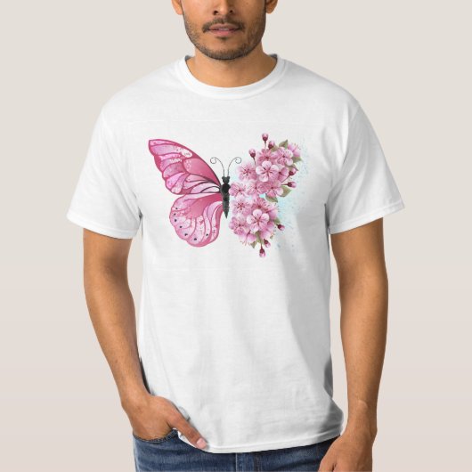T-shirt Papillon à fleurs avec Sakura rose (Devant)