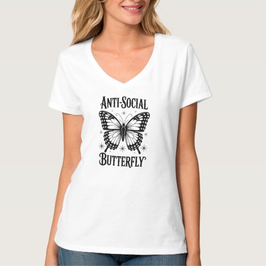T-shirt Papillon anti-social Introvert blanc V-Cou (Devant)