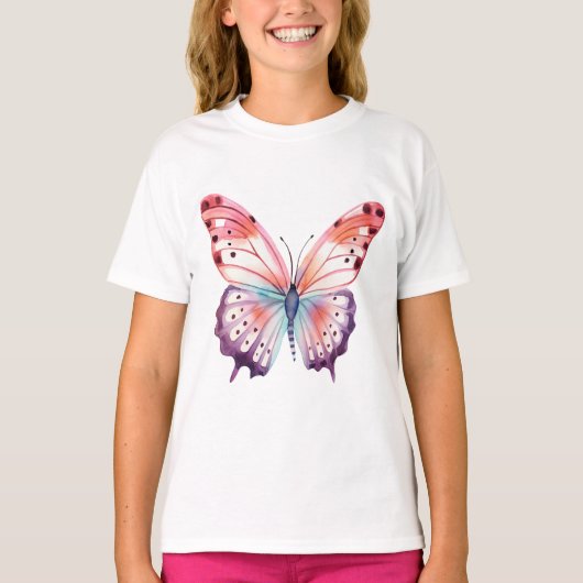T-shirt Papillon aquarelle en rose violet et bleu (Devant)