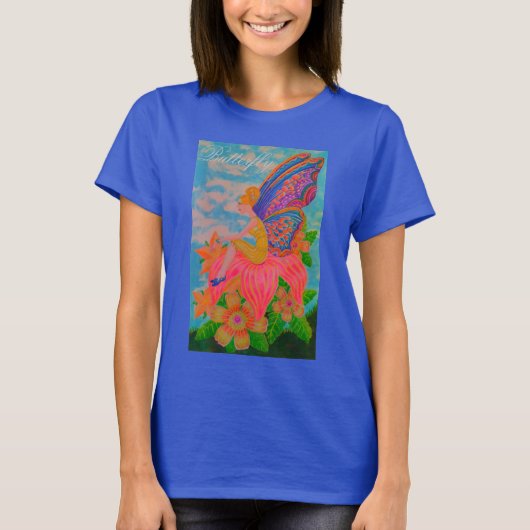 T-shirt Papillon bleu, fleurs papillons (Devant)