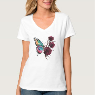 T-shirt Papillon d'art tatouage avec Rose - Cou V féminin