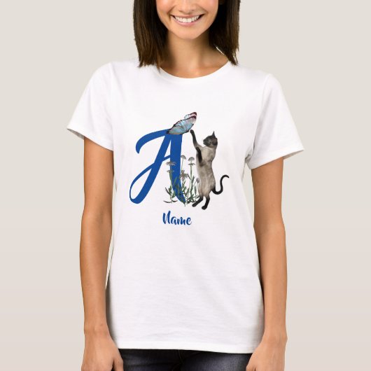 T-shirt Papillon de chat siamois monogramme initial A nom (Devant)