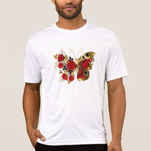 T-shirt Papillon de fleurs rouges aux roses rouges (Devant)