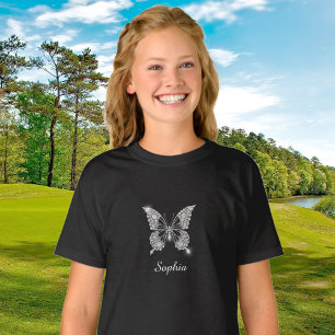 T-shirt Papillon en diamants blancs, nom du script, noir