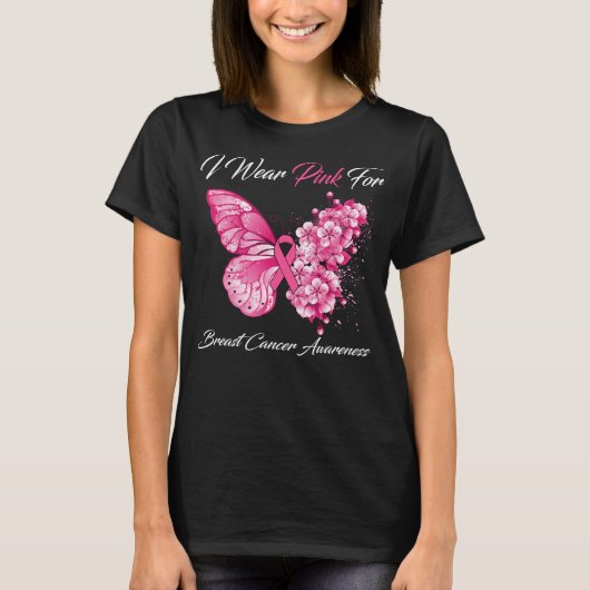 T-shirt Papillon Je Porte Le Rose Pour La Sensibilisation  (Devant)