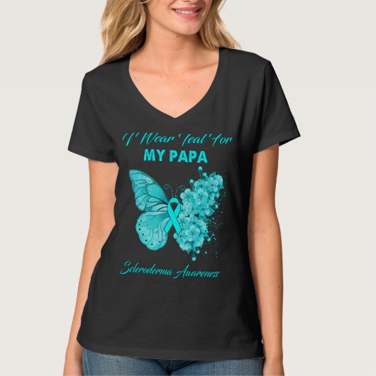 T-shirt Papillon Je Porte Turquoise Pour Mon Papa Sclerode (Devant)