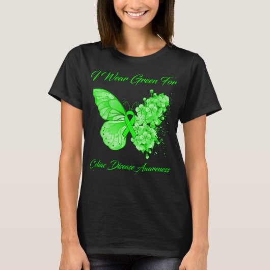 T-shirt Papillon Je Porte Vert Pour La Maladie Célique (Devant)
