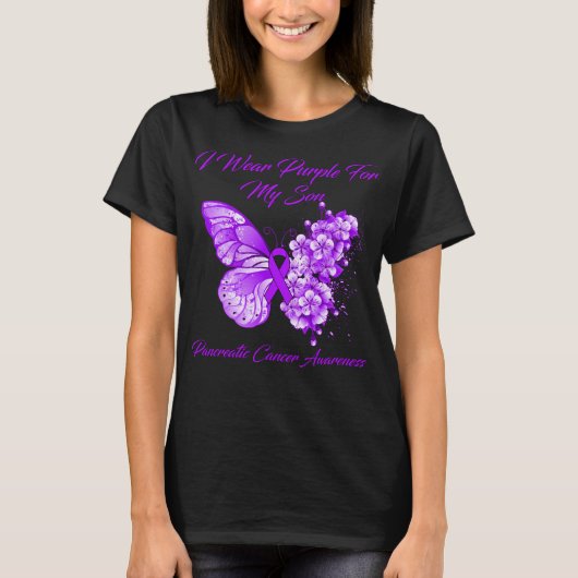 T-shirt Papillon Je Porte Violet Pour Mon Fils Pancréatiqu (Devant)