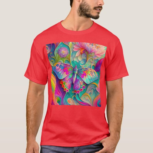 T-shirt Papillon psychédélique coloré et fleurs (Devant)