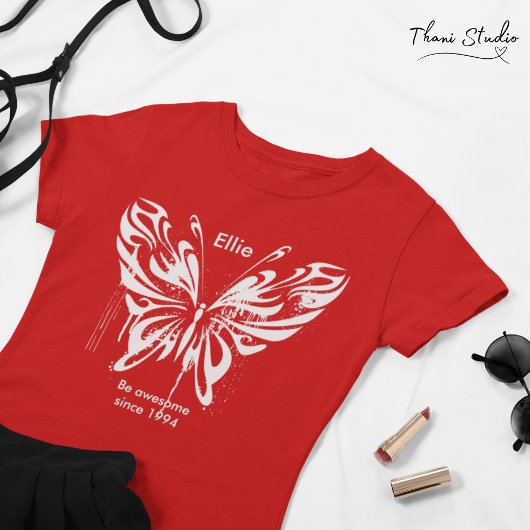 T-shirt Papillon rouge moderne Anniversaire Texte personna