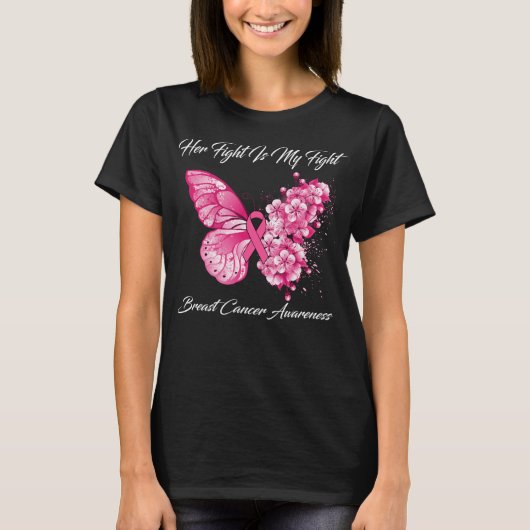 T-shirt Papillon Son combat est mon combat cancer du sein  (Devant)