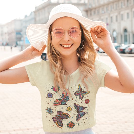 T-shirt Papillons Colorés Fleurs Été