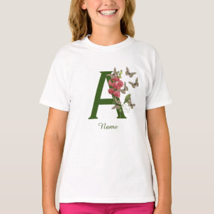 T-shirt Papillons Fleur Monogramme Initiale A Personnalisé