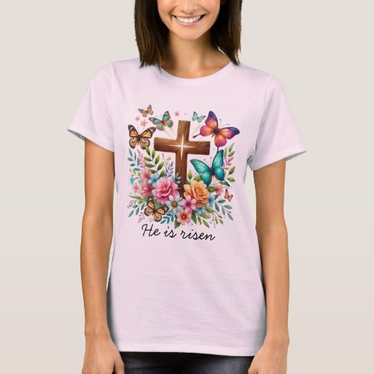 T-shirt Pâques Il est ressuscité de fleurs croisées papill (Devant)