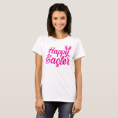 T-shirt Pâques Joyeuses, Oreilles Lapines Sur Texte Rose (Devant entier)