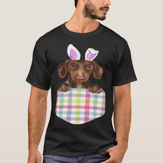 T-shirt Pâques Plaid Brown Dachshund Bunny Chien Dans Pock (Devant)