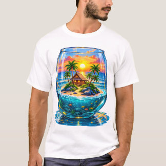 T-shirt Paradis d'Île Tropicale dans un Bol en Verre