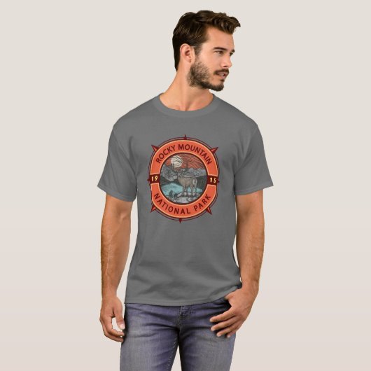 T-shirt Parc national des Rocheuses Elk Retro Compass (Devant entier)