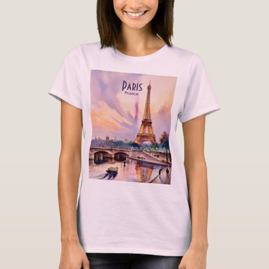 T-shirt Paris Eiffel Tower Travel Watercolor Custom Text (Devant)
