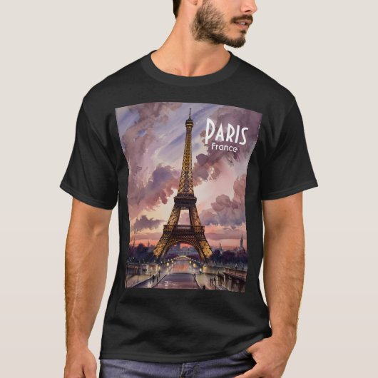 T-shirt Paris Eiffel Tower Twilight Watercolor Custom Text (Devant)